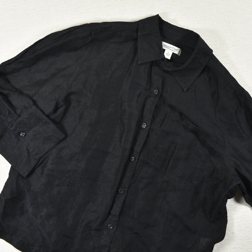 Coldwater Creek Womens 1X Chic Black Linen Silk Blend Button Up Shirt 3/4 Sleeve
